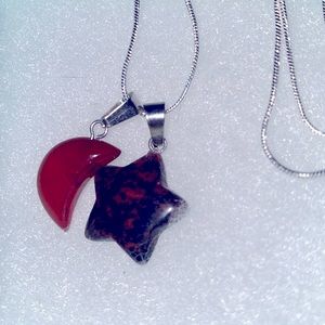 Boho hippie Mahogany Obsidian Star and Red Jasper Sterling Silver 24” Necklace